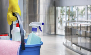 Cleaning lady with a bucket and cleaning products .